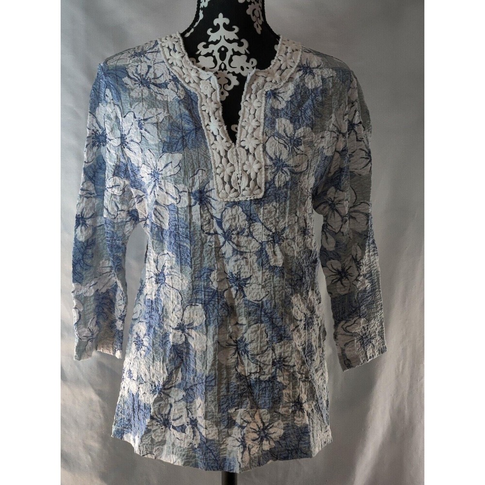 CD Petites Blue White Floral Crinkle Tunic Top Petite PS